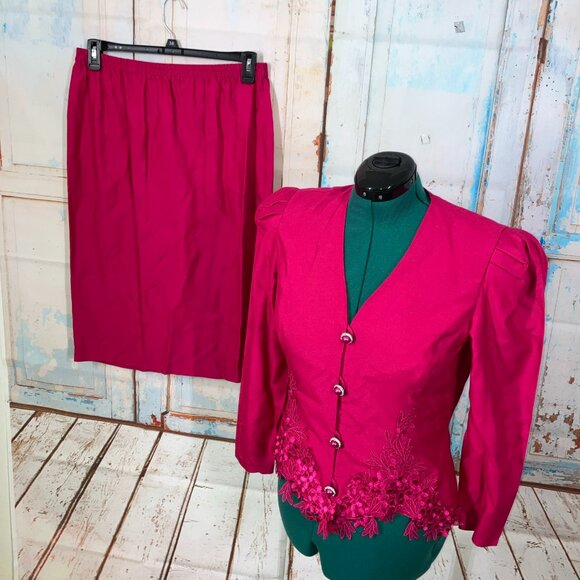 Michael Marcella Vintage Suit Pink Blazer Skirt Set Cocktail 80s Women Size 10 - Picture 1 of 11
